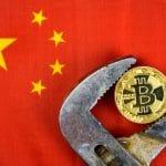 Bitcoin,Coin,Being,Squeezed,In,Vice,On,China,Flag,Background;