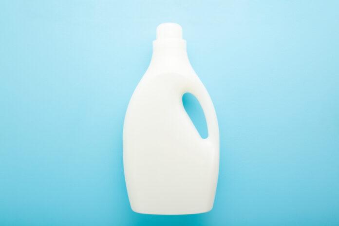 White,5,L,Plastic,Container,On,Light,Blue,Table,Background.